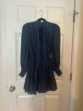 Aqua Navy Printed Tie-Neck Long Sleeve Mini Dress